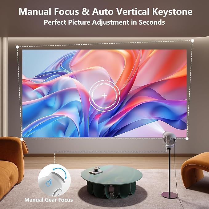 Smart Mini Projector with WiFi 6 and Bluetooth 5.4, Android 14 OS with Built-in Apps, 270° Rotation, Support 1080P 4K, Portable Projector for Home Theater, Bedroom & Outdoor Movies, White