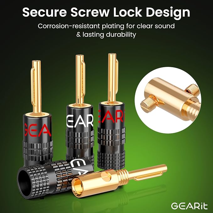 GEARit Banana Plugs for Speaker Wire 6 Pairs, Closed Screw Type Pin Plugs, 24K Gold-Plated Speaker Connectors for 12 AWG to 20 AWG Wires, Banana Pins for Home Theater & Audio Systems