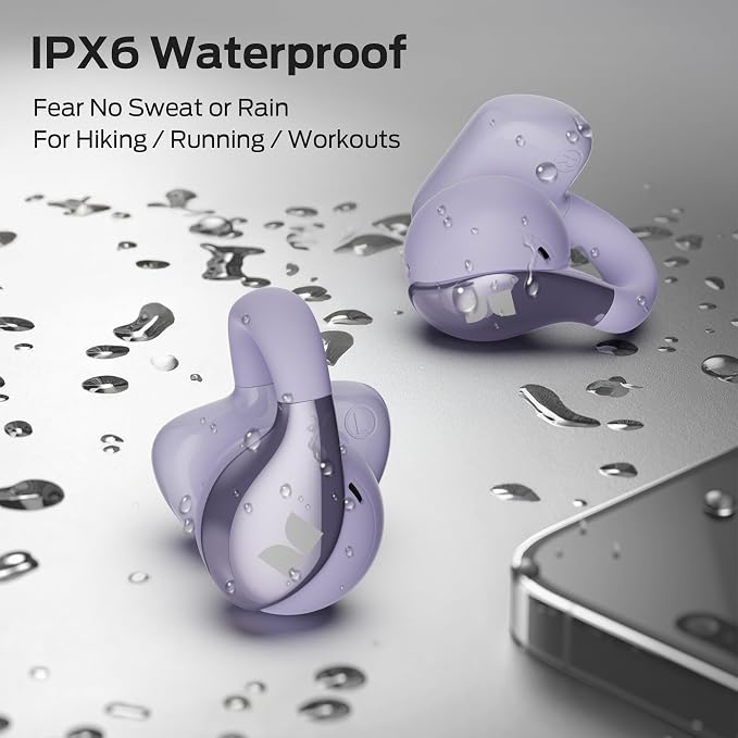 Monster Open Ear AC225 Headphones, Bluetooth 6.0 Wireless Earbuds, Stereo Sound, Lightweight Comfort Clip-On Earbuds with ENC Mic for Clear Calls, 36H Playtime, Touch Control, IPX6 Waterproof, Purple