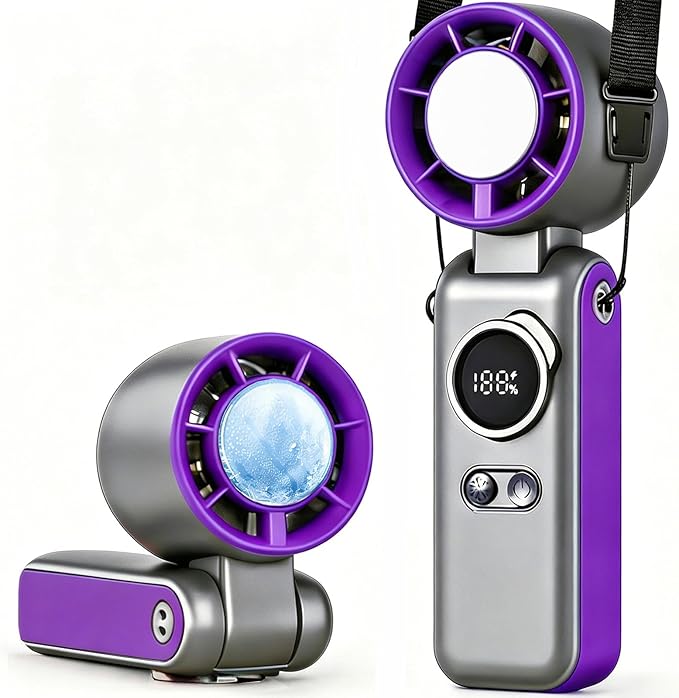 Portable Handheld Turbo Ice Fan,with Semiconductor Cooling-6000mAh Rechargeable 3-in-1 Mini Fans (Hand/Neck/Desk),199 High Speed/26550 RPM,LED Display Quiet Fan for Travel,Beach,Home,Outdoor (Purple)