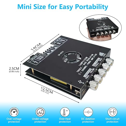 ZK-HT21 Bluetooth 5.1 Amplifier Board, 2.1 Channel 160W×2+220W Subwoofer Audio Power Amp Module with Treble Bass Control, AUX Input Mini HiFi Stereo Amp for Home DIY Speaker & Car Audio Upgrade