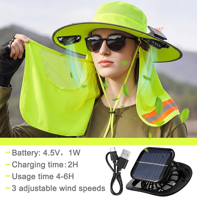 Sun Hat with Fan for Women Men Wide Brim Fishing Solar Hat with Face Cover Neck Flap Reflective with Dual Power