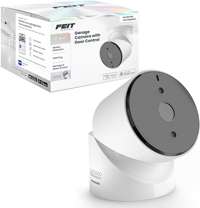 Feit Electric Smart Garage Door Camera, 2-Way Audio, Live Streaming, Human Motion Detection, 24/7 Recording, Infrared Night Vision, Remote Closure & Alerts, Alexa/Google Asst Compatible, CAM/GAR/WiFi