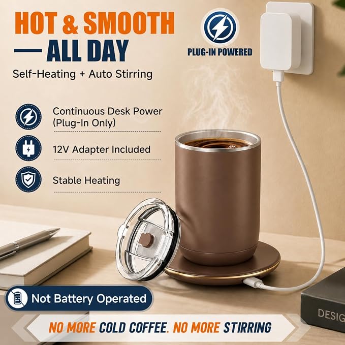 Self Stirring Heated Coffee Mug, 10 oz Auto Magnetic Mixing Cup, MochaBrown | 304 stainless steel interior. Includes 3 heat settings, 8H auto shut-off, plug-in base for home office desk