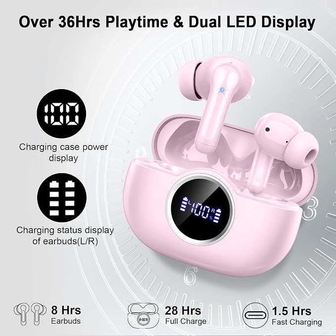 Bluetooth 5.4 Earbuds, 2026 Wireless Headphones 3D-Stereo Deep Bass Ear Bud, 4 ENC Noise Cancelling Mic, 40+Hrs USB-C Earphones, IP-X7 Waterproof Headset Sport Gym Workout for Laptop Pad Android iOS