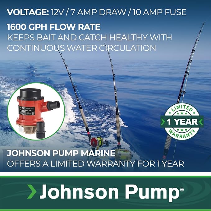 Johnson Pumps 166004B PRO Series 1600 GPH Livewell/Baitwell Aerating Pump, 12V (16004B), Bronze