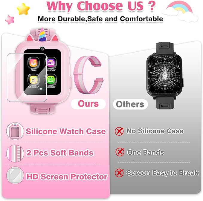 Smart Watch for Kids with 39 Games,Camera,Video,Music Player,Recorder,Alarm,Pedometer,Flashlight,Stopwatch,HD Touch Screen,Borthday Gift Toy for Girls Ages 3-12(Pink)
