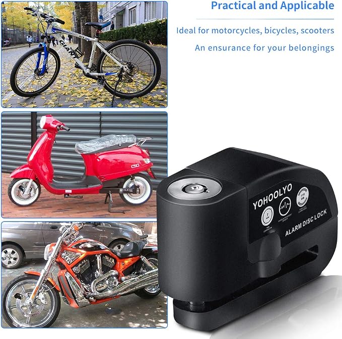 YOHOOLYO Alarm Disc Lock Motorcycle Disc Brake Lock Anti-Theft Waterproof 110 dB 7mm Pin 5ft Reminder Cable for Motorcycles Bike Scooter Carry Pouch (Black)