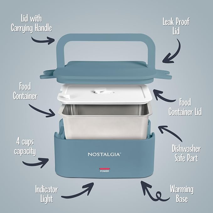 Nostalgia Portable Heated Lunch Box – 4-Cup Stainless Steel Food Warmer – Detachable Cord, Leak-Proof Lid, Carry Handle – Portable for Work & Travel – Ocean Blue