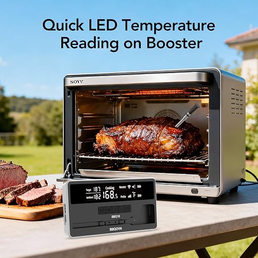 BBQOVN Smart WiFi Wireless Meat Thermometer, Sub-1G Long Range 1000FT, 7 NIST Certified Sensors in 1 Thinner Probe ±0.5℉ Accuracy, Standalone Base with App (Dark Gray) | Unlimited Range Sub-1G IP68 Waterproof Large Magnetic Base Display for Grill, Smok...