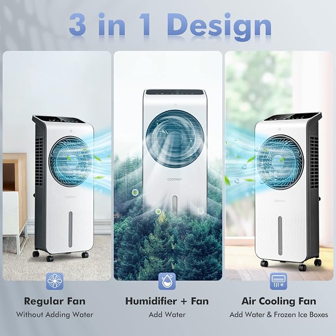 COSTWAY Evaporative Air Cooler, 3-in-1 Portable Swamp Cooler w/Fan & Humidifier, Air Cooling Fan w/ 360° Rotating Fan Blade, 3 Modes, 24 Speeds, 12H Timer, 2 Ice Packs, LED Display, Remote Control
