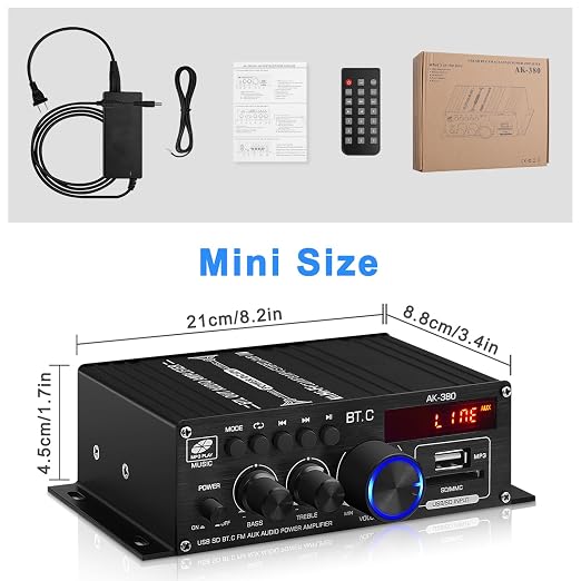 AK-380 USB SD BT.C FM AUX Audio Power Amplifier 2.0 CH 40W+40W HiFi Stereo AMP Speaker Bluetooth 5.0 Amp Receiver with 12V 5A Power Supply,FM Antenna for Car Home Bar Party