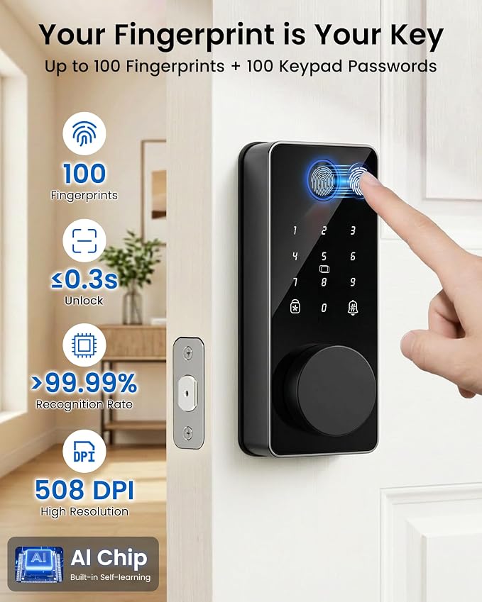 Smart Deadbolt Lock, Fingerprint Keyless Entry Door Lock App Control, Electronic Touchscreen Keypad, Auto Locking, IP54 Weatherproof, Easy Install Digital Deadbolt for Front Door