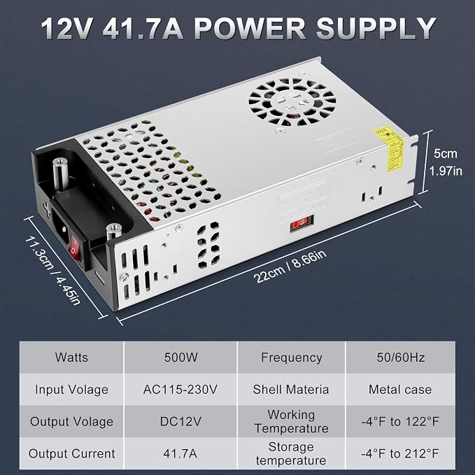 inShareplus 12V 500W New Version AC to DC Converter, 120V to 12V Power Supply, Switching Transformer for RV, LED Strips, Car Stereos, LCD Monitors, Computer Projects