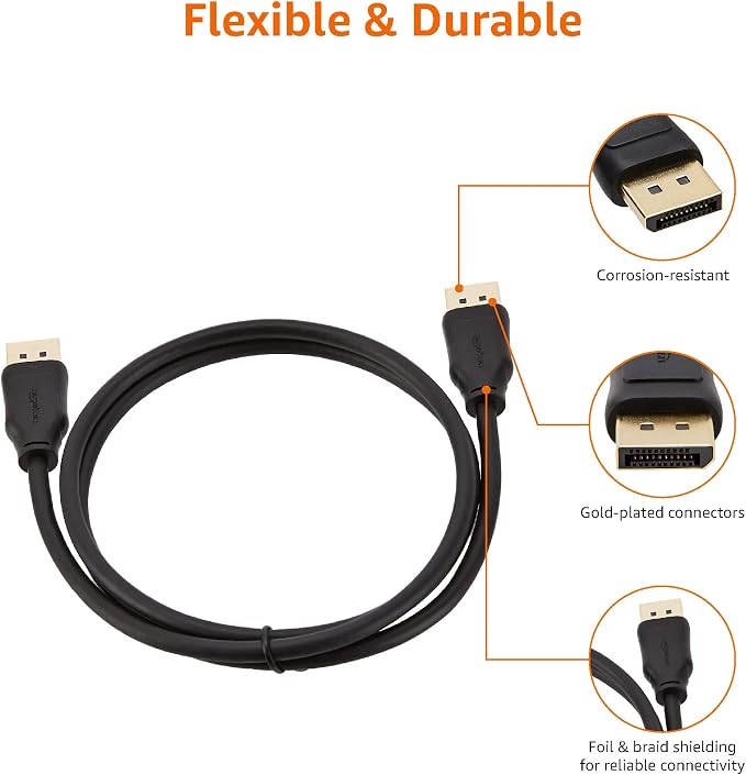 Amazon Basics DisplayPort to DisplayPort 1.2 Cable, 4K@60Hz, 2K@165Hz, 2K@144Hz Video Resolution, Gold-Plated Connectors, 3 Feet, Black (Pack of 2)