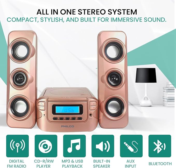 Philco Stereo Shelf Systems Compact CD Shelf System with Digital FM Stereo Radio, Bluetooth Wireless Technology, and Remote Control | LCD Display | MP3 & AUX Port Compatible | USB Playback (Rose Gold)