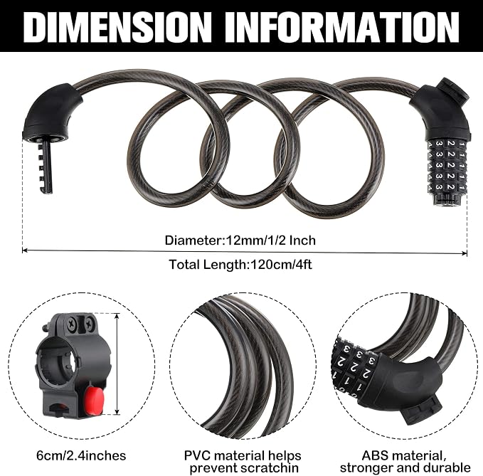 4 Pieces Bike Lock 4 Feet Bike Lock Cable 5 Digit Resettable Combination Code Security Coiling Bicycle Lock 2/5 Inch Diameter with Mounting Bracket for Bicycle Outdoors (Black)