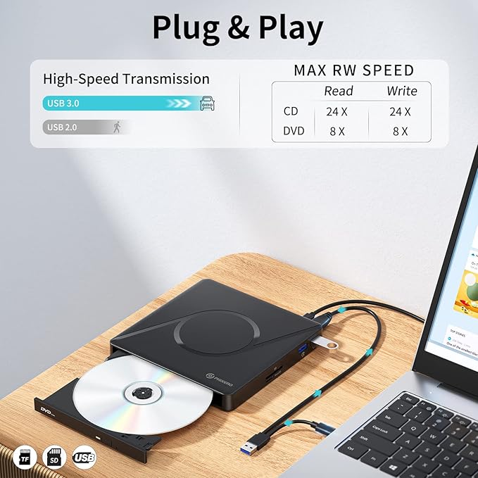 PHIXERO External DVD Drive for Laptop, USB 3.0 Type-C CD/DVD +/-RW ROM Burner DVD Player with 2 USB A Ports and SD/TF Card Slot for Laptop or Desktop PC Windows XP/7/8/10, MacBook, Linux