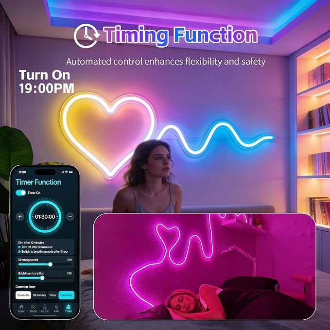 200FT RGB LED Neon Rope Lights, App & Remote Control, Flexible Waterproof IP65 Led Strip Lights, Music Sync Color Changing Multiple Modes Neon Lights for Bedroom Gaming Room Indoor & Outdoor Decor