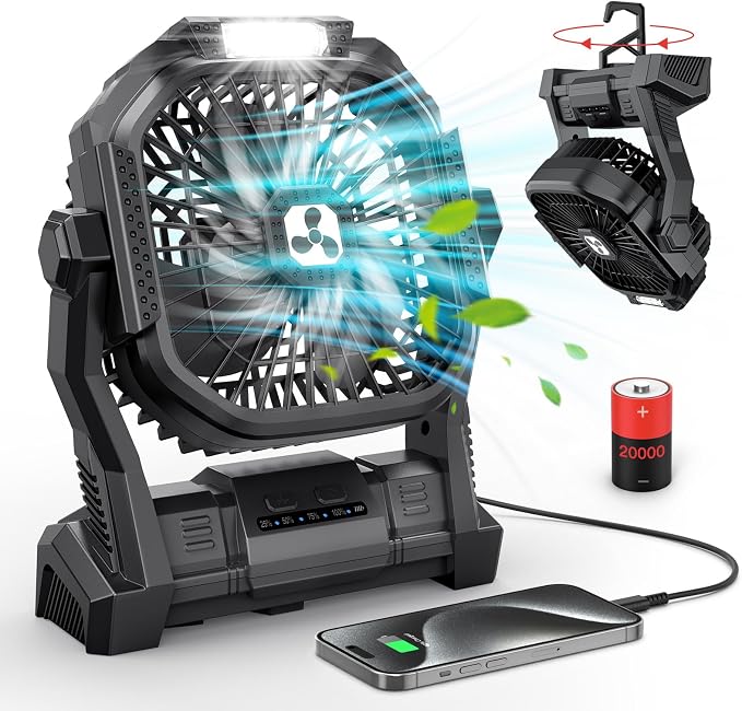 ONLYNEW Portable Fan Rechargeable, 20000mAh Cordless Battery Powered Fan with LED Lantern, Battery Operated for Travel Bedroom Home Camping Tent Office Beach Desk Fishing Table (Black)