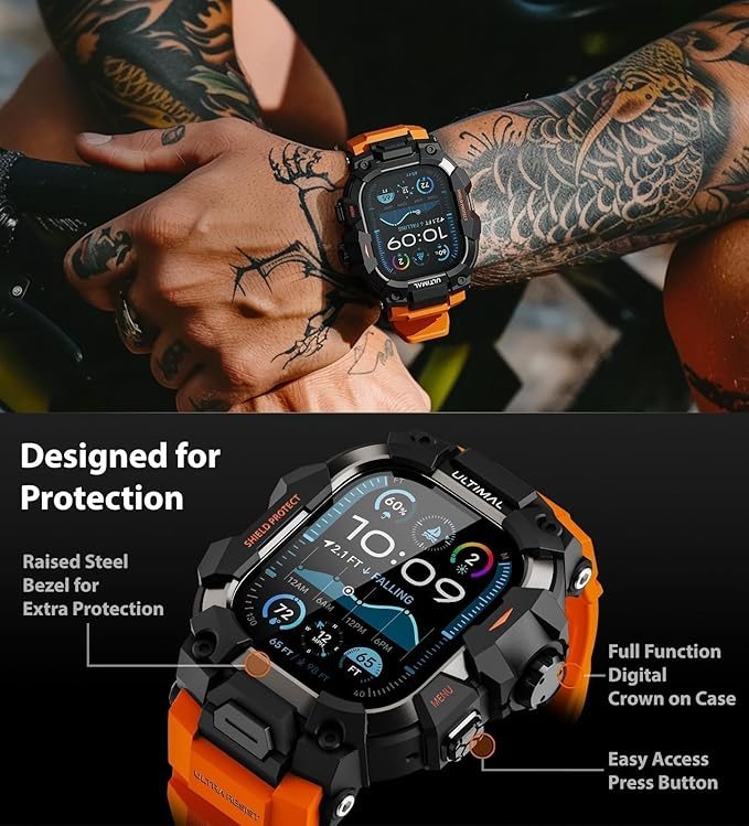ULTIMAL Rugged Case with Band for Apple Watch 49mm,Compatible with Apple Watch Ultra 3/2/1, Military Grade Shockproof Bumper Cover for iWatch Tactical Band Men (49mm,Orange)