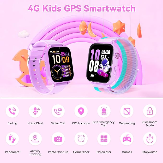 4G Kids Smart Watch Phone GPS, Smartwatch for Boys Girls Ages 4-12 Years with Video Call Chat Class Mode SOS Camera Alarm Games Parental App Touch Watch Gifts for Children (Includes SIM Card) Purple