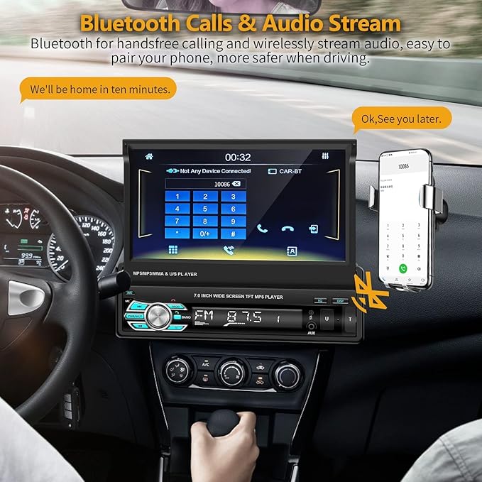 Podofo Single Din Carplay Car Stereo with Bluetooth AHD Backup Camera, 7 Inch flip Out Touch Screen Car Radio MP5 Player Support Android Auto, Mirror Link, USB, TF, FM Radio, Aux-in, SWC