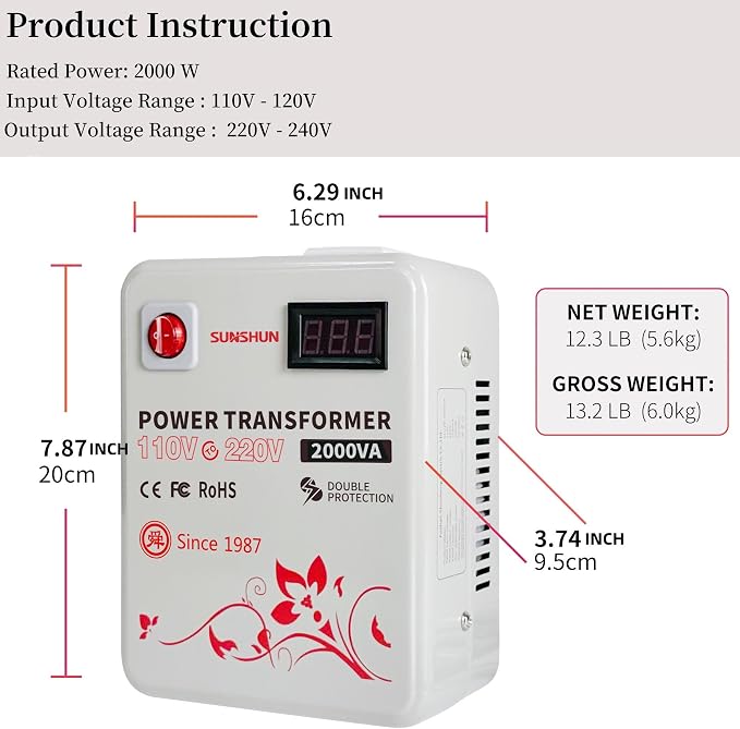 SUNSHUN 110v to 220v Converter, 2000W Step Up Transformer 110v to 220v with Voltage Display for 220/240 Volt European Asian Appliances Used in US