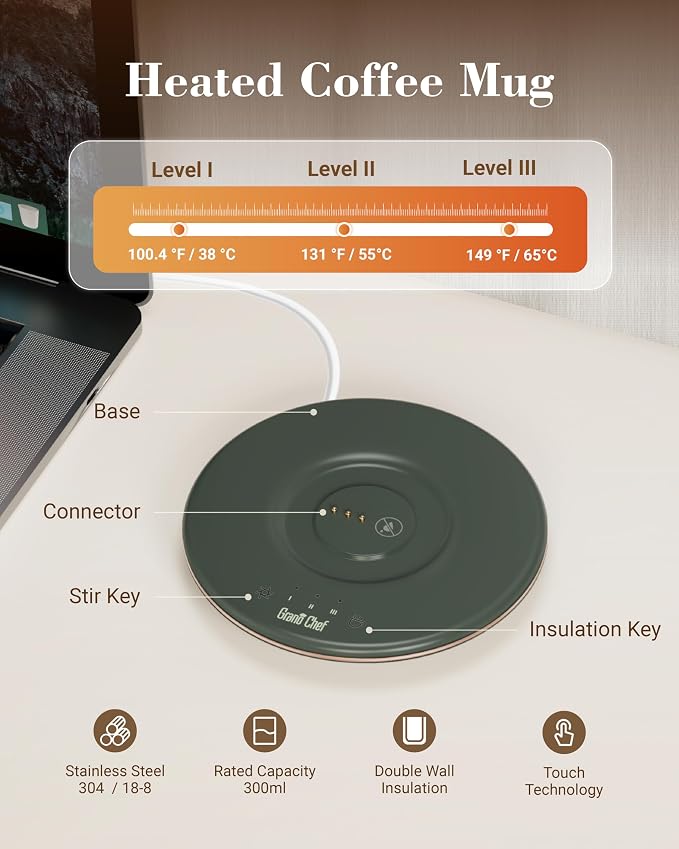 Self-Heating Coffee Mug, Coffee Mug with Self Stirring&Fast Heating, 10oz Temperature Controlled Coffee Cup Warmer, Heated for Tea/Coffee at Office/Kitchen/Travel, with Reusable Coffee Dripper, Green