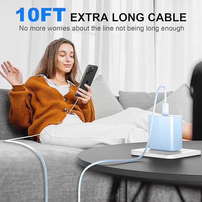 Phone 17 16 Pro Max Charger Fast Charging,45W Phone 17 Charger USB C Super Fast Charger Block&10FT Long Type C Charger Cable Cord for i.Phone 17/17 Pro/17 ProMax/Air/16/16Pro Max,Blue/Pink