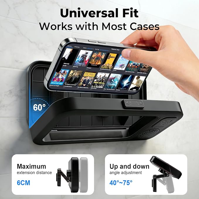Waterproof Shower Phone Holder with Bluetooth Speaker Ipx5 360 Rotatable Suction Cup Wall Mount Universal for All Smartphones