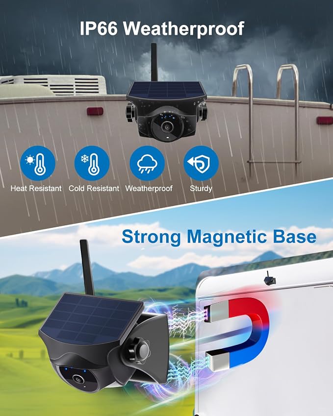 1080P Solar Magnetic WiFi Backup Camera with 8700mAh Magnetic 12V Battery Pack