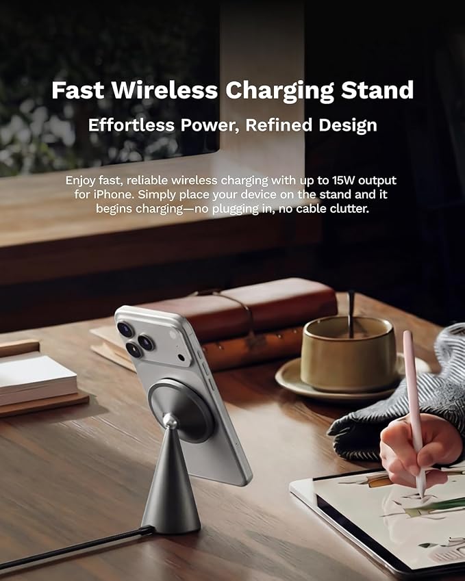 Black Walnut Wood and Aluminum Wireless Charger | Magnetic Charging Stand for iPhone, Compatible with MagSafe