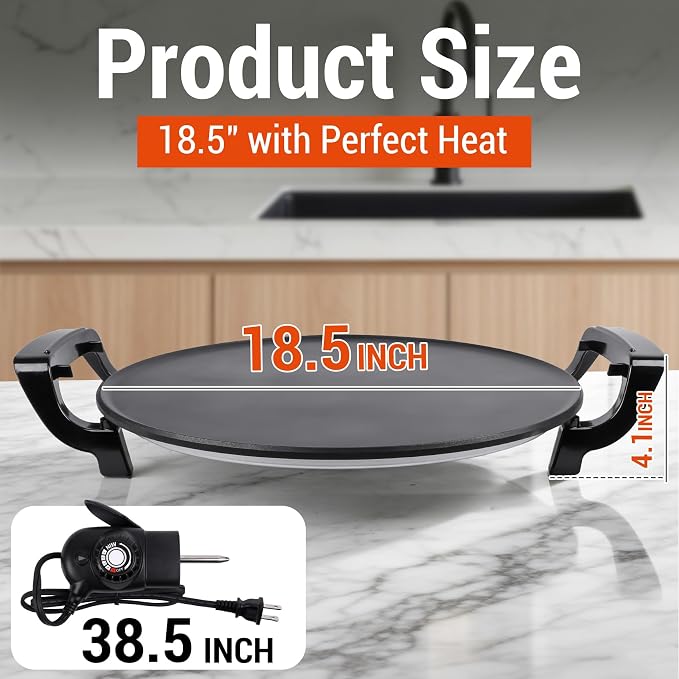 18.5” Electric Injera Maker, Mitad for Ethiopian Injera, Pancake Teff Maker, Electric Griddle with Lid, Non-Stick Surface, Easy to Clean, Adjustable Mechanical Knob Control, Even Heating