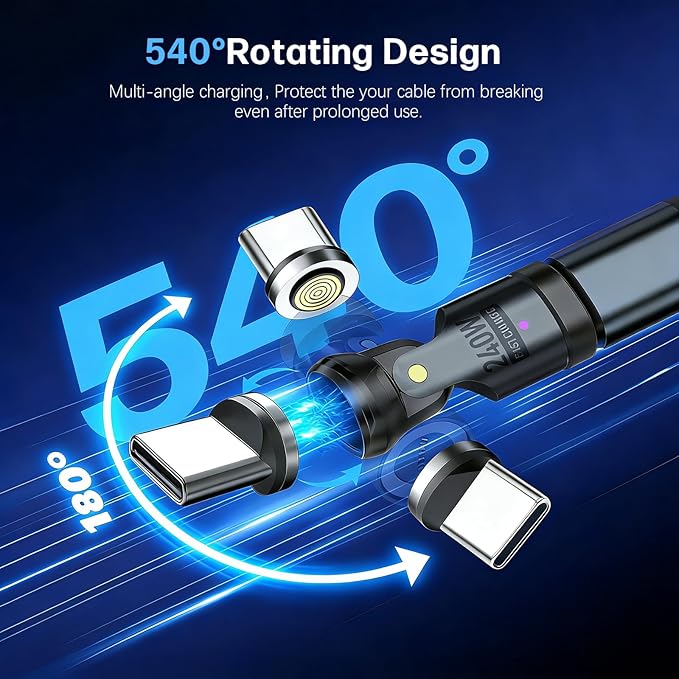 Magnetic USB C to C Adapter, 240W PD Fast Charging, 480Mbps Data Transfer, 540°Rotating Swivel Connector with LED Type-C Tips Port Protection 9-Pin for Phone 15 Pad Galaxy