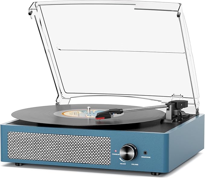 Vinyl Record Player with 2 Stereo Speakers Belt-Driven Vintage Turntables 3 Speed 3 Size Wireless Bluetooth Playback AUX-in RCA Out Headphone LP Vinyl Players Auto Stop Frosted Blue