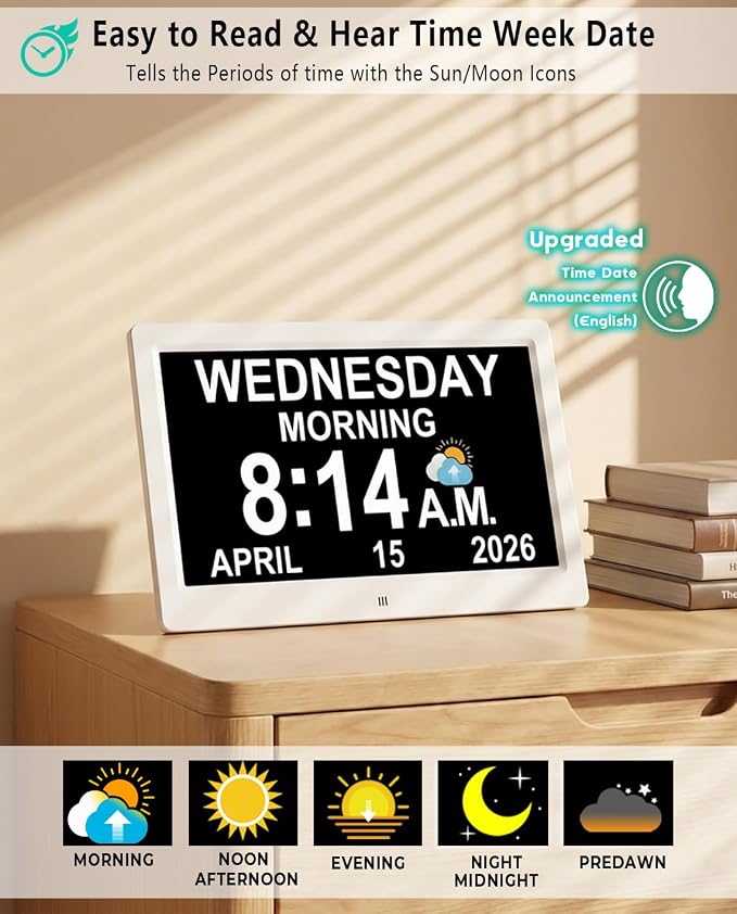 11.5 Inch Extra Large Digital Talking Clock with 27 Alarms, Auto DST, Talking Time, 20 Custom Reminders, 10-Level Auto Dimmer, Day Date Calendar Clock for Seniors Dementia Alzheimers, with Remote
