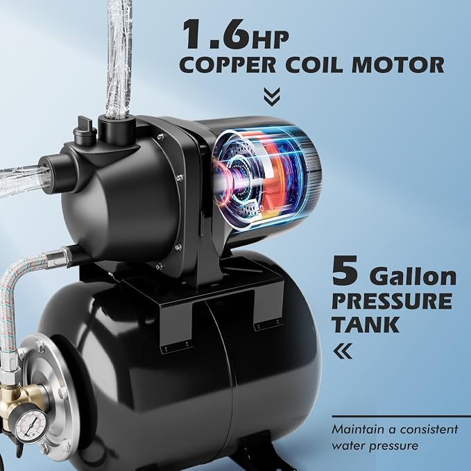 Goplus 1.6HP Shallow Well Pump with Pressure Tank, 1000GPH Garden Water Pump Jet Pressurized Automatic Water Booster Jet Pump for Home Irrigation Garden Lawn, 1200W (Black)