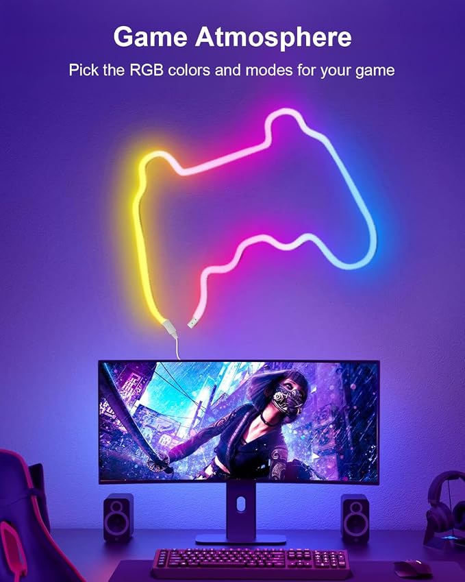 LED Neon Rope Lights, 6.5ft RGBIC 360° Luminous 5v USB Bluetooth APP Control Music Sync IR Remote Color Changing Smart LED Strip Lights for Bedroom Gaming Party Decor