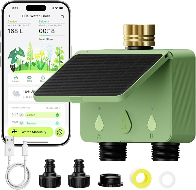 Solar WiFi Water Timer for Garden Hose, 2-Zone Sprinkler Controller with Flow Meter, Smart Irrigation System with Rain Delay, Brass Inlet, APP & Voice Control, No Hub Required