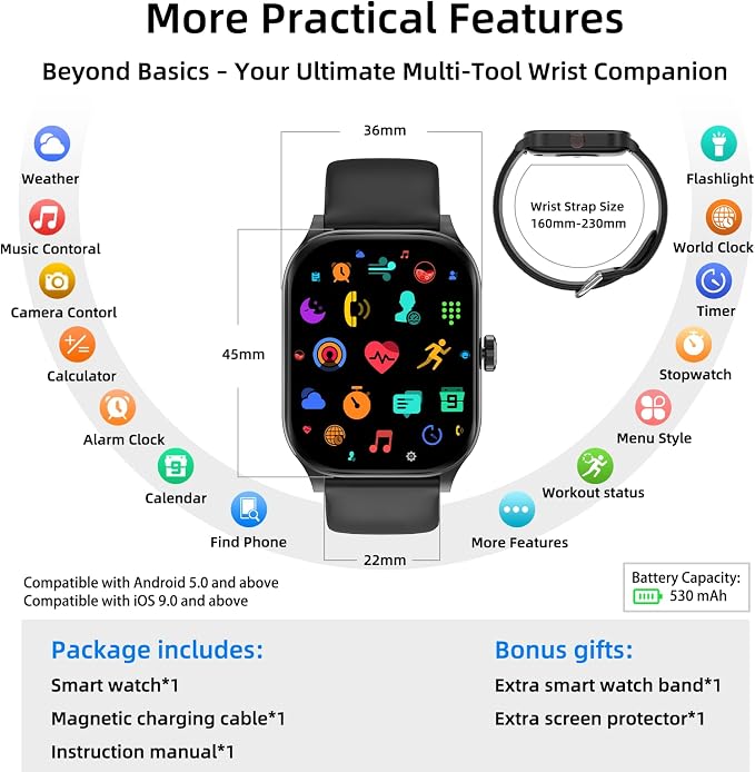 Smart Watch, GPS & Free Maps, 1.96" HD Screen, AI, Bluetooth Call & Text, Health, Fitness & 24/7 Sleep Tracker, 100+ Workout Modes, 5 ATM Water-Resistance, for Men & Women, Android & iOS, 2 Bands