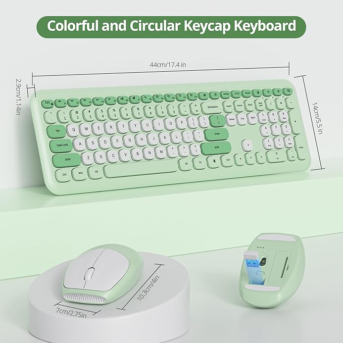 Wireless Typewriter Keyboard and Mouse Combo Retro 104 Key Full Size Office Set Green with Silent Round Keycaps,Ideal for Laptop and Desktop PCs, Cute Design Keyboard (Green White)