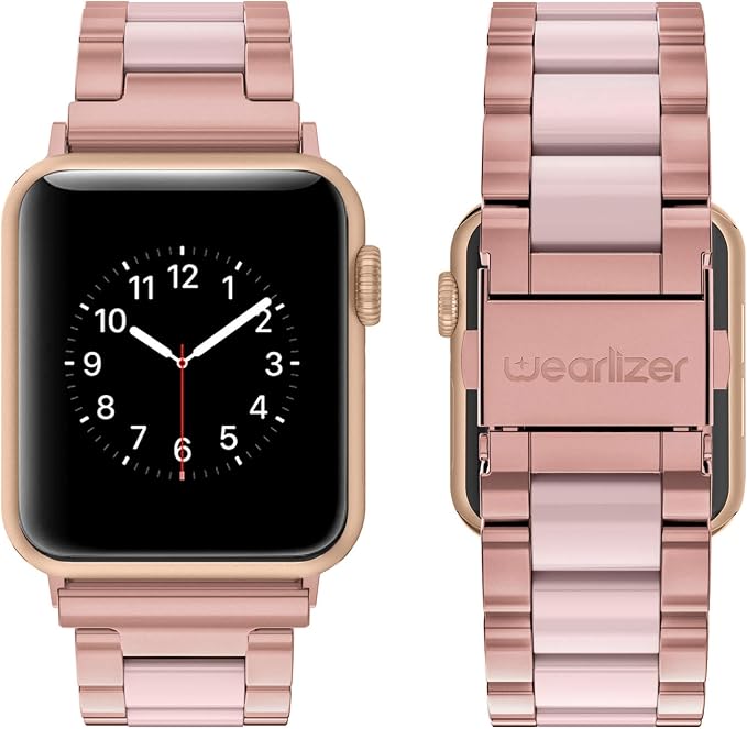 Wearlizer Rose Pink Compatible with Apple Watch Band 38/40/41/42mm Womens Replacement, Stainless Steel Strap Fashion Resin Wristband Sleek Metal iWatch Series 11 10 9 8 7 6 5 4 3 SE/Ultra 3 2 1