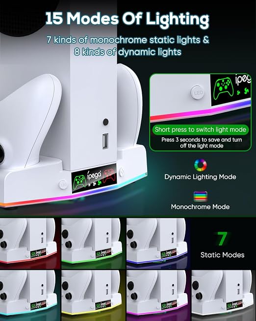MENEEA Cooling Stand & Charging Station for Xbox Series S with 15 RGB LED Light Modes - Dual Controller Charger & Cooler Fan for Xbox Series S Accessories with 2*1400mAH Batteries and Headphone Hook