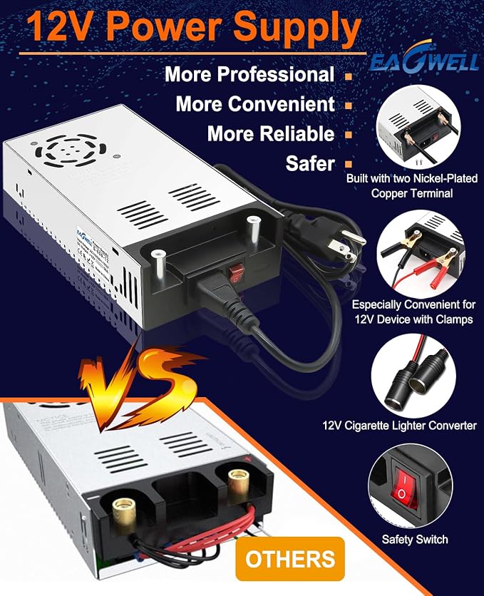 EAGWELL New Version 110V AC to 12V DC Converter 600W Power Supply 50A | Universal SMPS Transformer for RV, Pump, LED Strip, CCTV, Car Stereo,Diesel Heater Power Supply