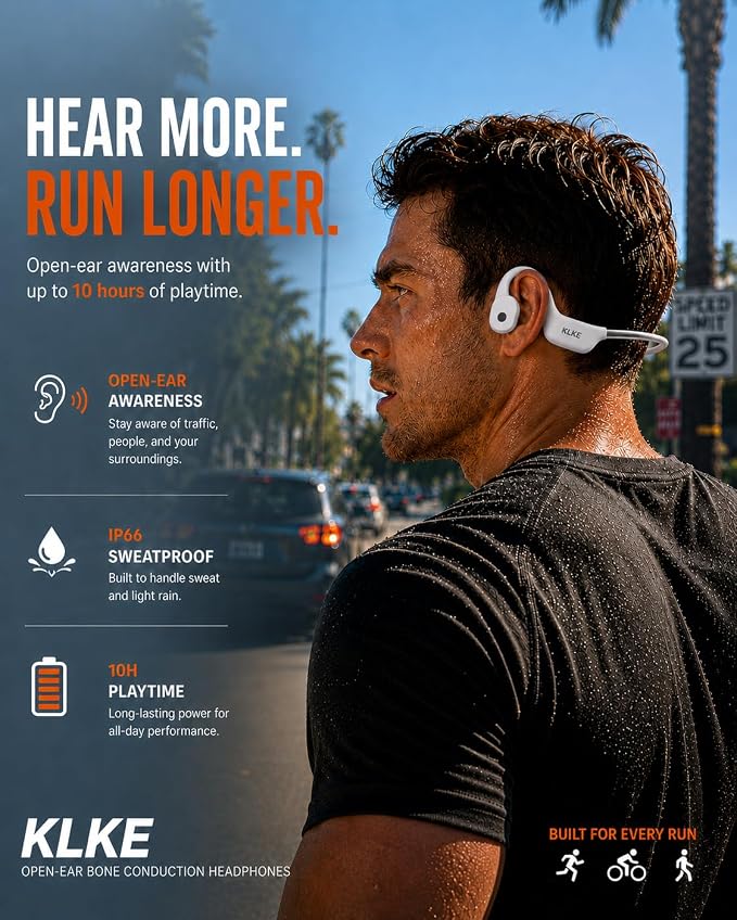 Open-Ear Bone Conduction Headphones for Running, Bluetooth Sports Headphones with Rear Safety Light, Dual Modes, Adjustable Fit, IP66 Waterproof, Mic, 10H Playtime for Gym Cycling