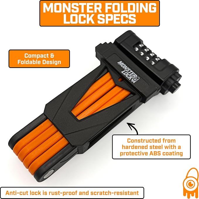 Monster Folding Bike Lock – Heavy-Duty Anti-Theft Hardened Steel, Rust-Proof, Foldable Compact High-Security Lock for Bicycle, Scooter & Motorcycle