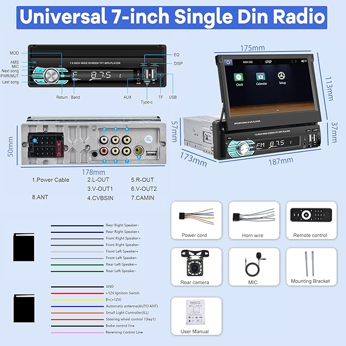 Single Din Flip Out Screen Car Stereo with Wireless Carplay and Android Auto, 7 inch 1 Din Touch Screen Radio Support Bluetooth/SWC/USB/FM + Backup Camera + Mic + Remote Control