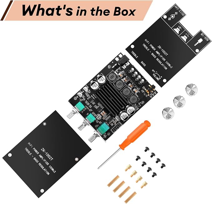 Daakro ZK-1002T Bluetooth Amplifier Board,100W+100W 2.0 Channel Amp Board w/Treble/Bass Control,DC 12-24V, BT/AUX Inputs,Audio Amp Board for Home DIY Wireless Speakers,Password Free (2PCS ZK-1002T)