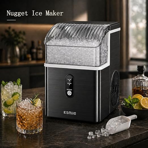 Kismile Nugget Ice Maker Countertop, Sonic Ice Maker with 35Lbs/24H, First Ice in 7 Mins, 1.2L Water Tank, Ice Basket Holds 2.2Lbs, Self-Cleaning Pebble Ice Machine for Home Kitchen Office Bar(Black)